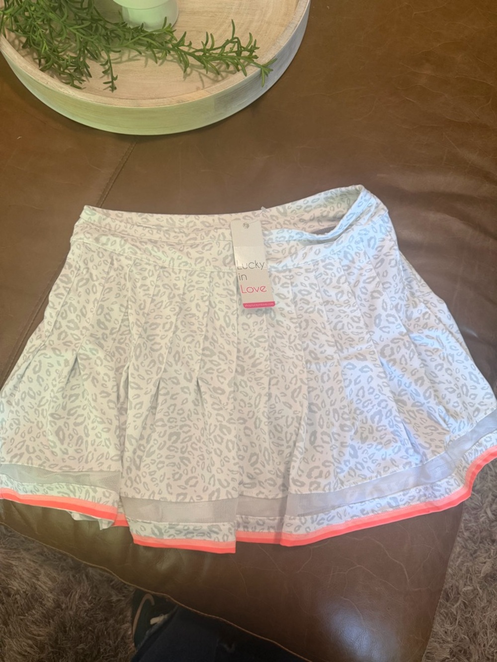 Lucky in Love White Leopard Print Skater Skirt with Neon Coral Trim